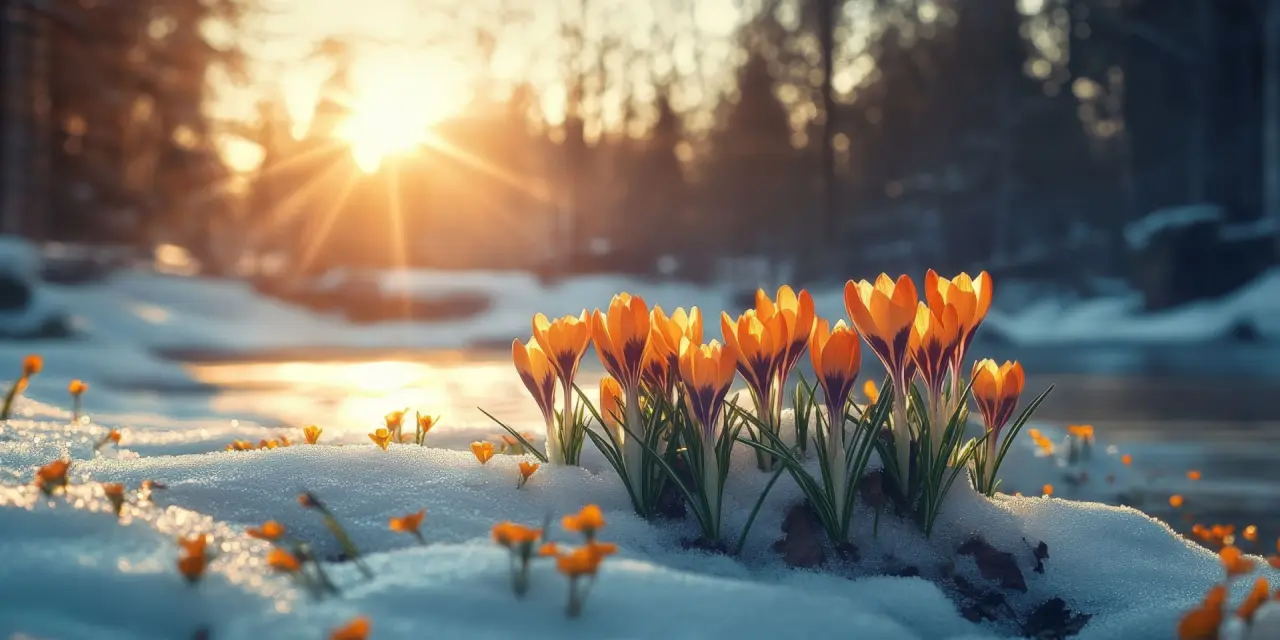 Frühlingskrokusse im Schnee bei Sonnenuntergang in der Natur rund um das Sporthotel Zum Hohen Eimberg.