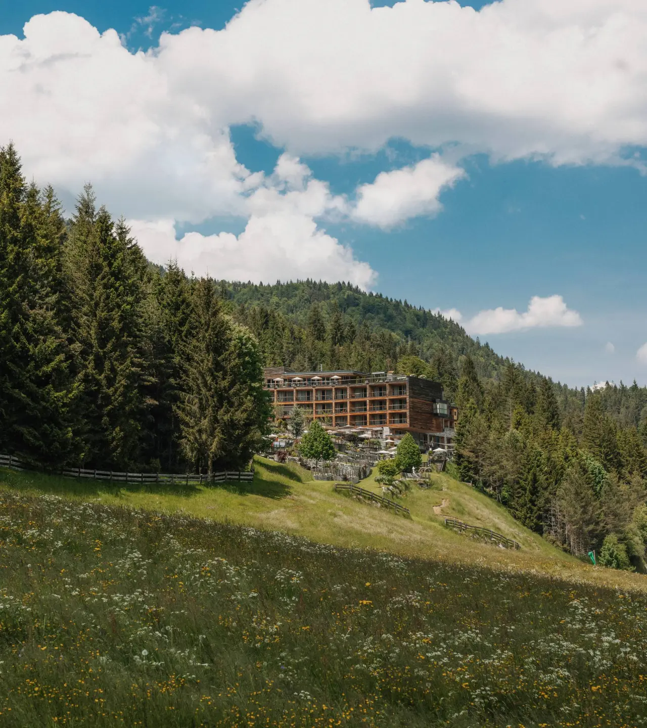 DAS KRONTHALER****S Hotel eingebettet in die Natur mit Wald und Blumenwiesen unter blauem Himmel.