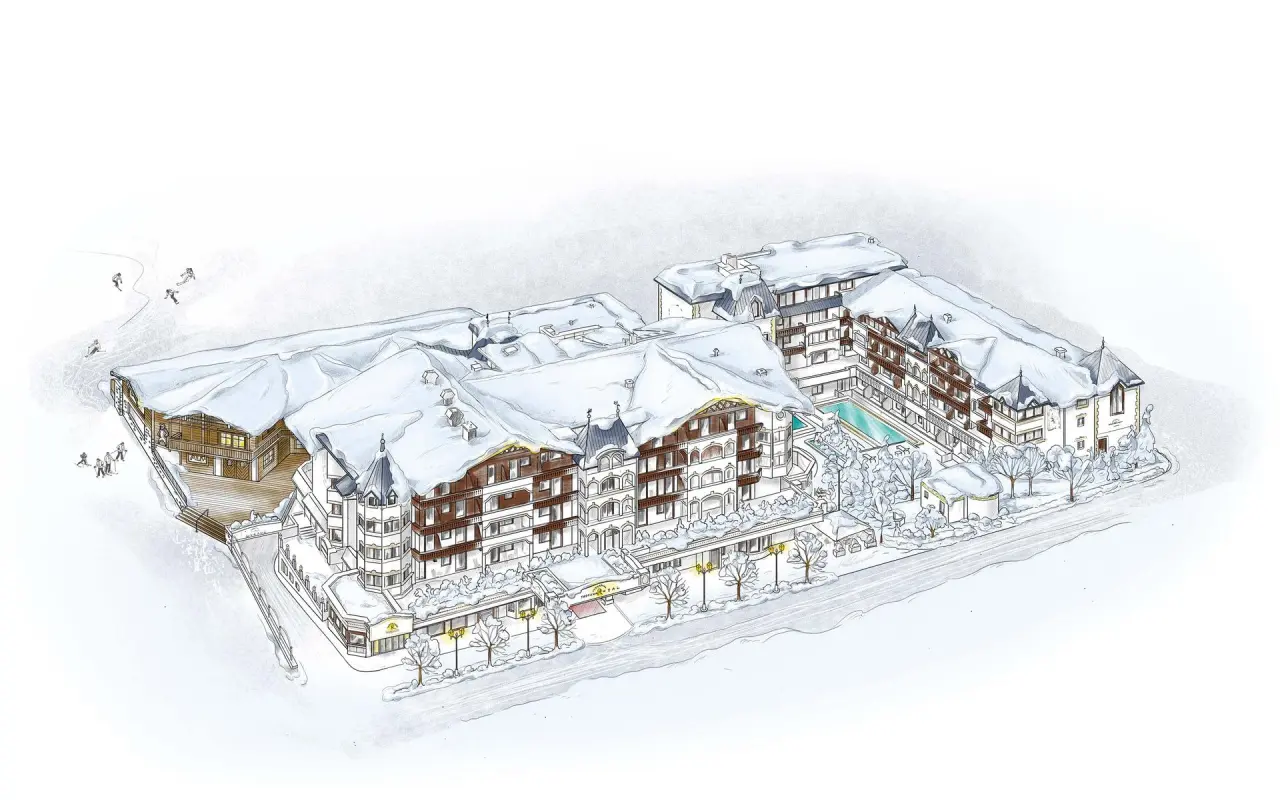 Winterliche Illustration des Hotel Trofana Royal mit verschneiten Dächern und Aussenpool. Gesamtansicht des Luxushotels.