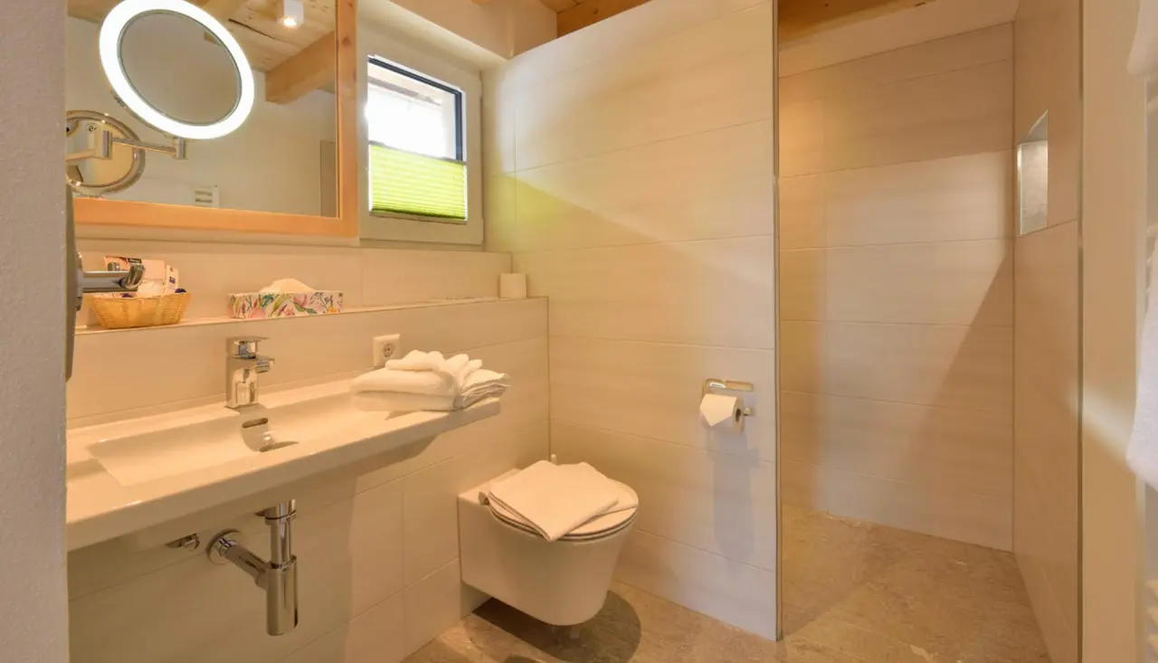 Modernes Badezimmer mit Waschtisch, WC und begehbarer Dusche im Hotel Rößle.