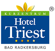 Logo des Kurzentrum Hotel Triest in Bad Radkersburg mit vier Sternen und stilisierten Blättern.