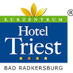 Logo des Kurzentrum Hotel Triest in Bad Radkersburg mit vier Sternen und stilisiertem Blattmotiv.