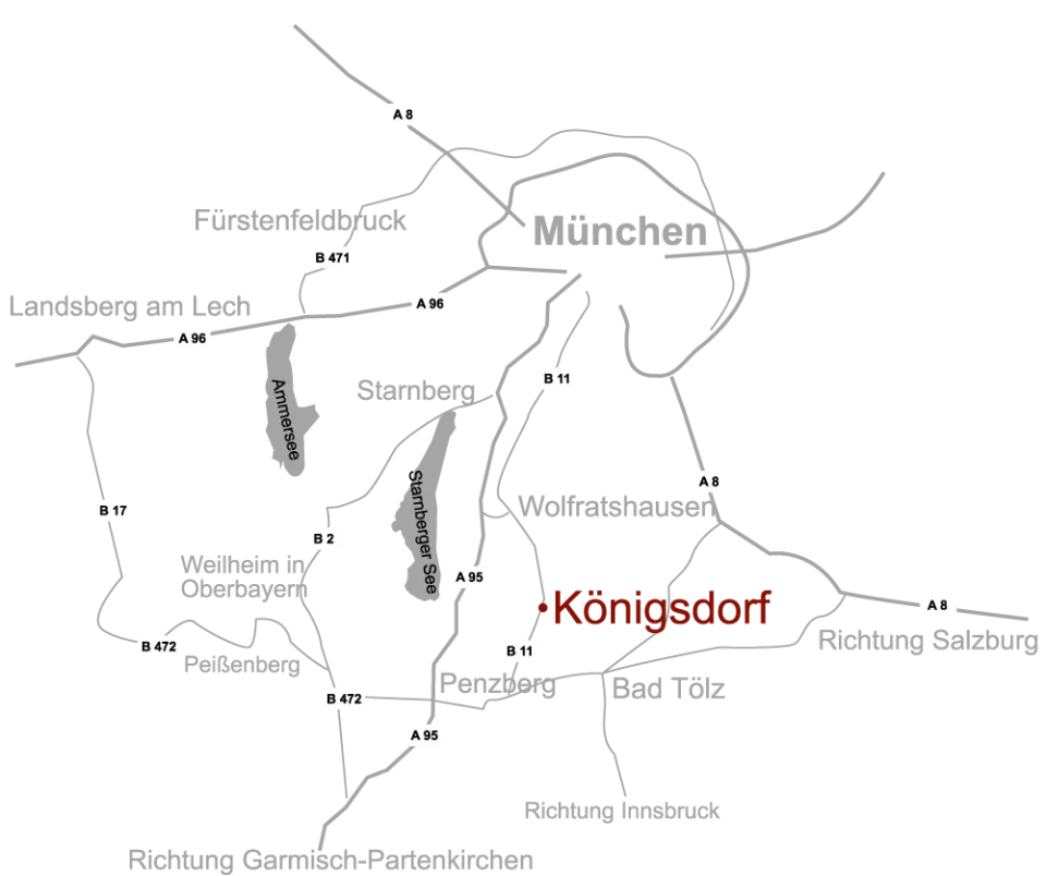 Lagekarte des Posthotel Hofherr in Königsdorf, Bayern, mit umliegenden Städten und Seen wie Starnberger See und Ammersee.