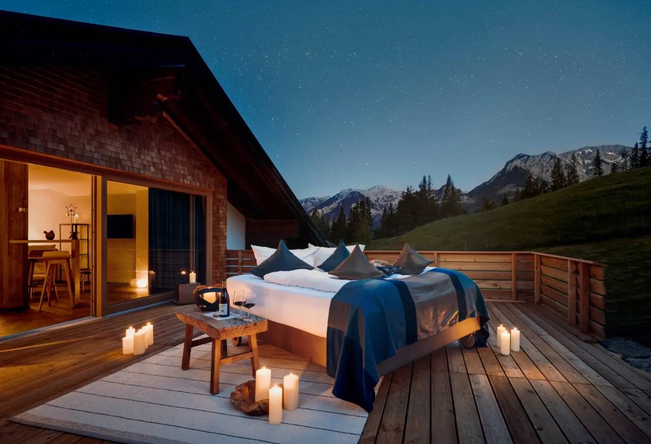 Romantisches Himmelbett auf der Terrasse des Schlossanger Alp mit Blick auf die Berge und Sternenhimmel bei Nacht.