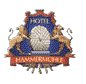 Logo des Hotel Hammermühle mit Wappen, Wasserrad und Löwen