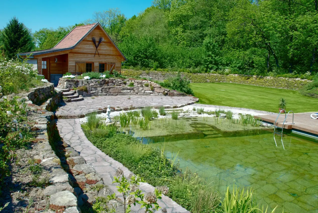 Natürlicher Badeteich mit Holzhaus und Gartenanlage im Hotel Hammermühle, umgeben von grüner Natur.