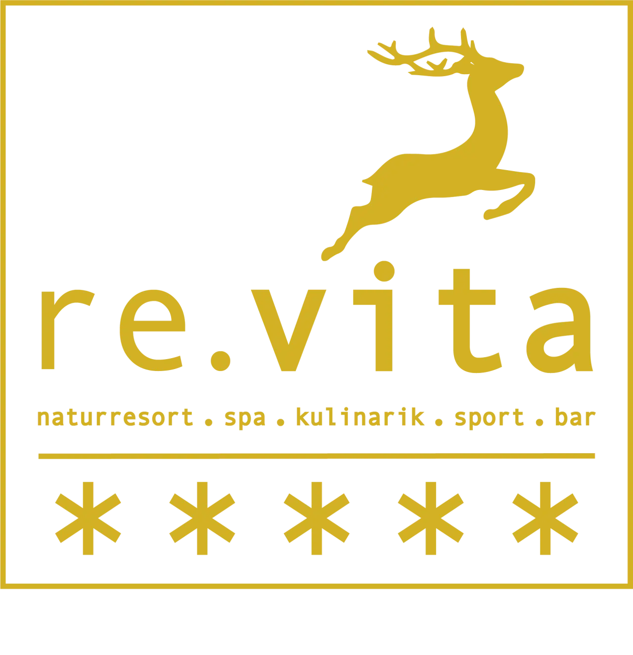 Logo des Revita Wellnesshotel mit springendem Hirschmotiv und dem Schriftzug 'naturresort " spa ". kulinarik ". sport ". bar'.