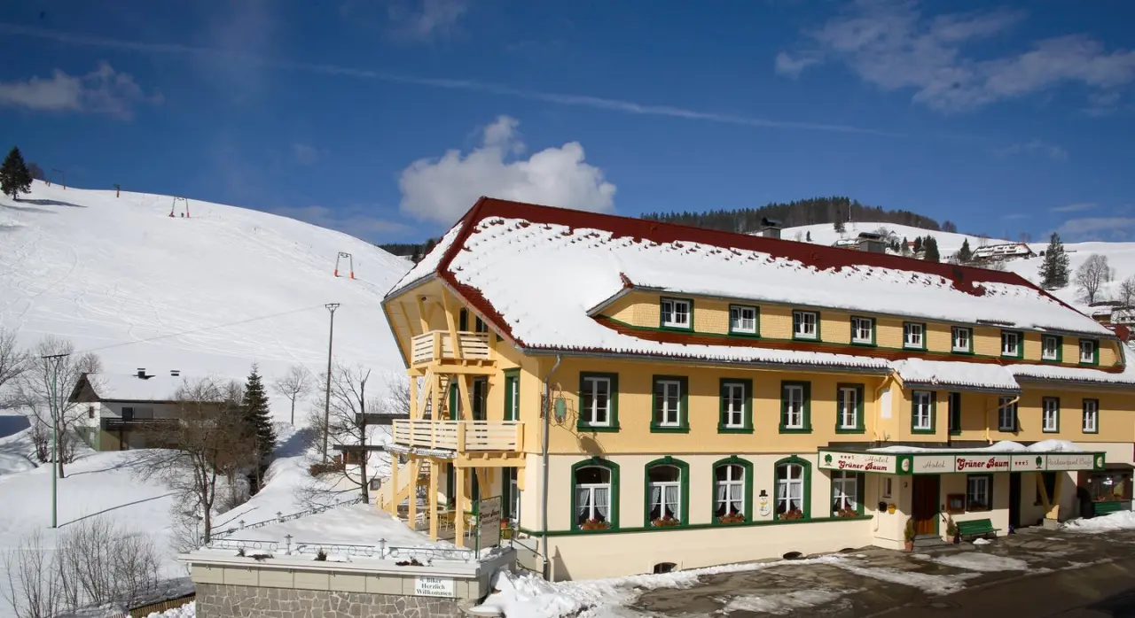 Winterliche Aussenansicht des Naturparkhotel Grüner Baum mit schneebedecktem Dach und Skihang im Hintergrund.