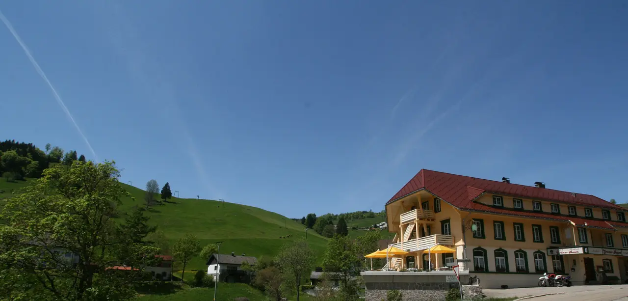 Aussenansicht des Naturparkhotel Grüner Baum mit gelber Fassade, rotem Dach und Terrasse, eingebettet in grüne Hügellandschaft.