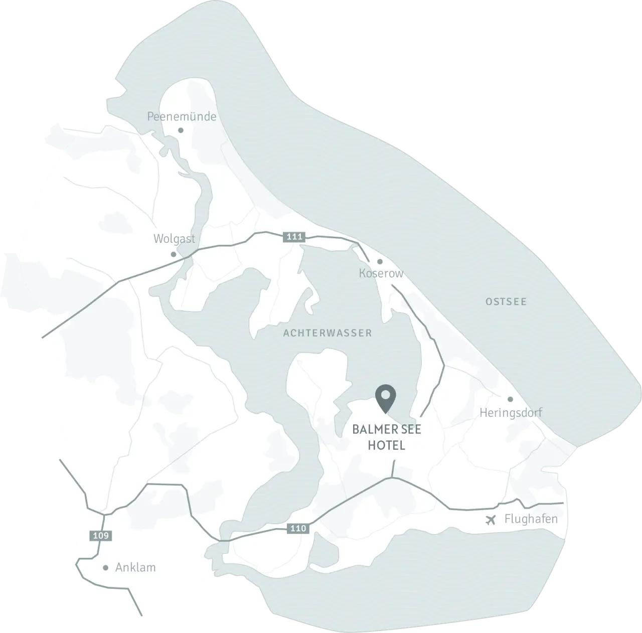 Lageplan des Balmer See Hotels auf Usedom, zeigt die Nähe zum Achterwasser, Ostsee und umliegenden Orten.
