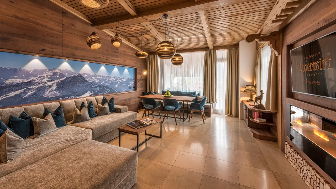Luxuriöse Suite im Hotel Unterwirt mit gemütlichem Wohnbereich, Esstisch, Kamin und Alpenpanorama-Wandbild.