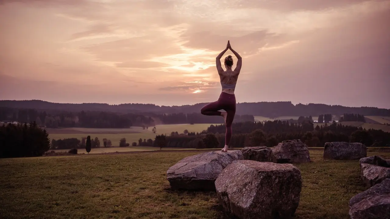 Frau beim Yoga in der Natur bei Sonnenuntergang, Mühlviertel. Entspannung im Falkensteiner Genuss & Wohlfühlhotel.