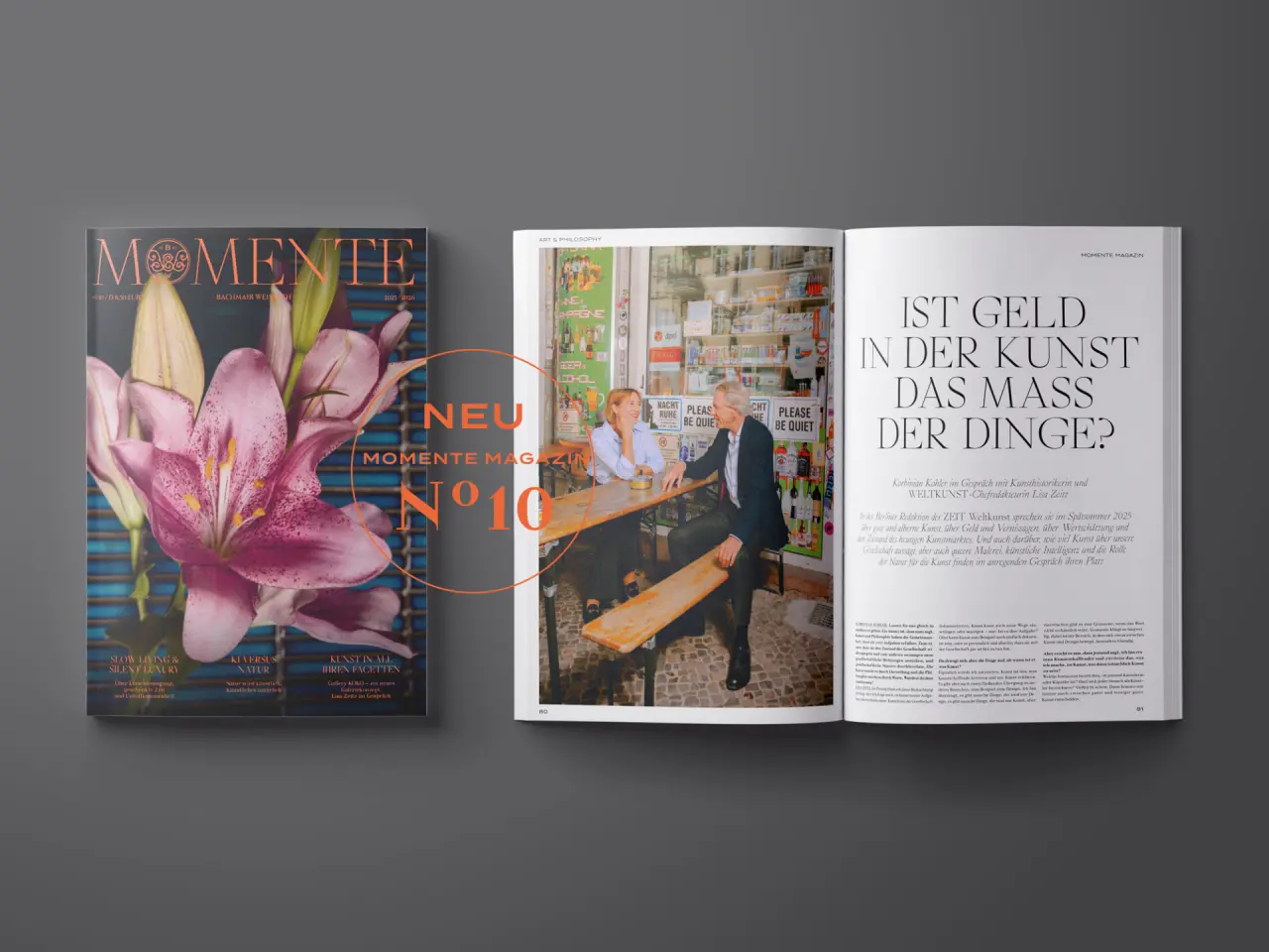 Momente Magazin Nr. 10 des Bachmair Weissach Spa & Resort mit Blumenmotiv und Artikel über Kunst.