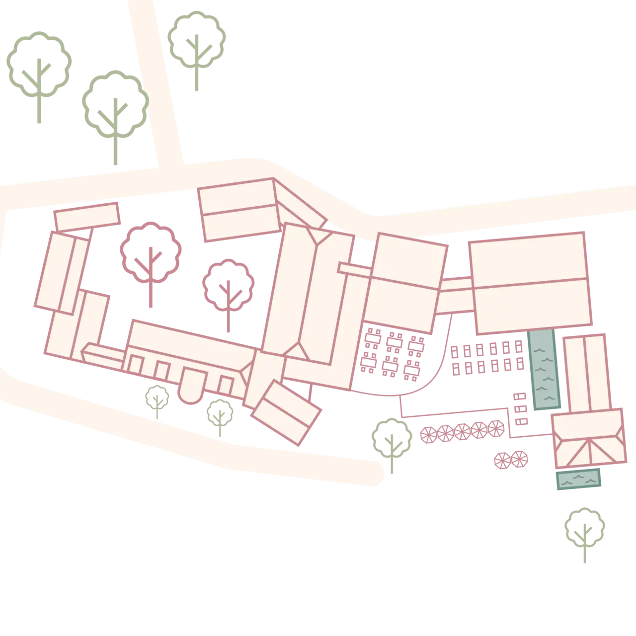 Pixelierte Draufsicht des Hotel Jordan's Untermühle mit Gebäuden, Bäumen und Poolbereich.