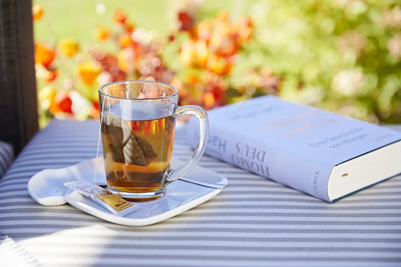Hotel Rosenstock in Fischen im Allgäu – Tasse Tee und Buch auf einer Terrasse | Wellnesshotel Allgäu