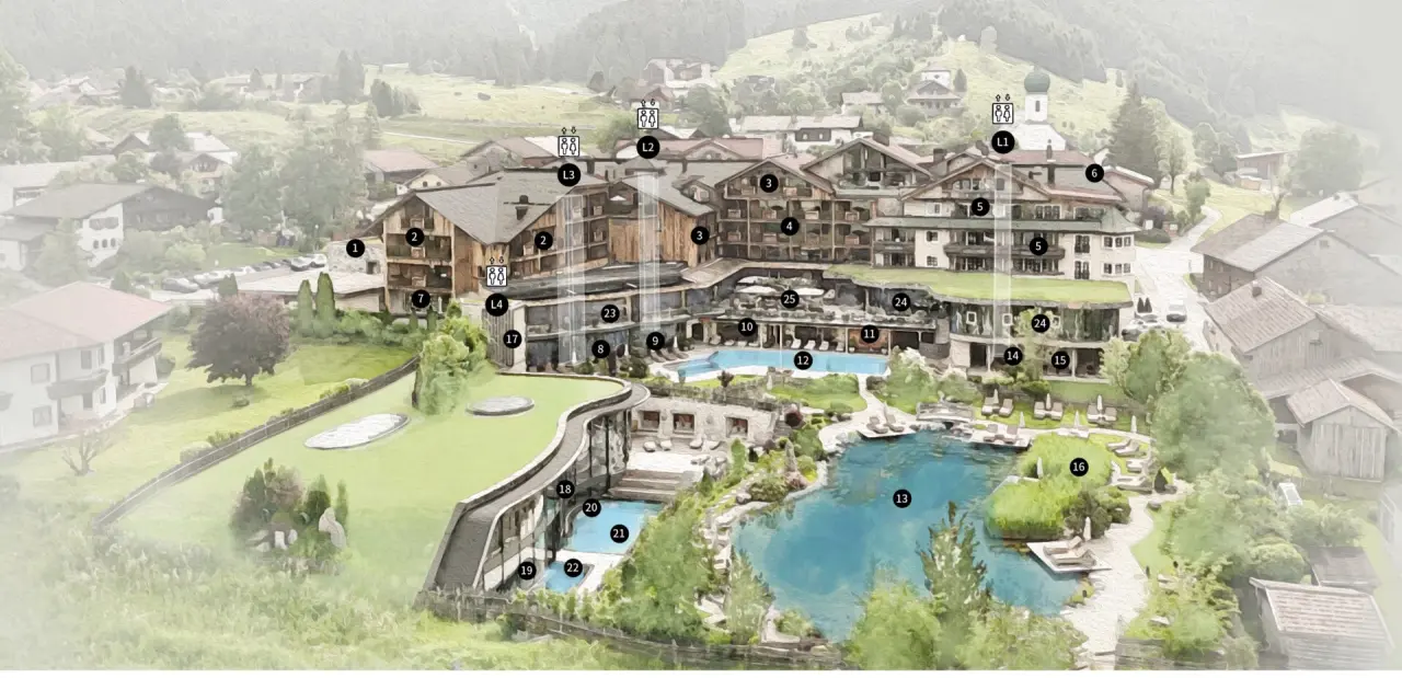 Luftaufnahme des Wellnesshotel Engel mit mehreren Gebäuden, weitläufigen Poolanlagen und grünen Gärten in alpiner Umgebung.