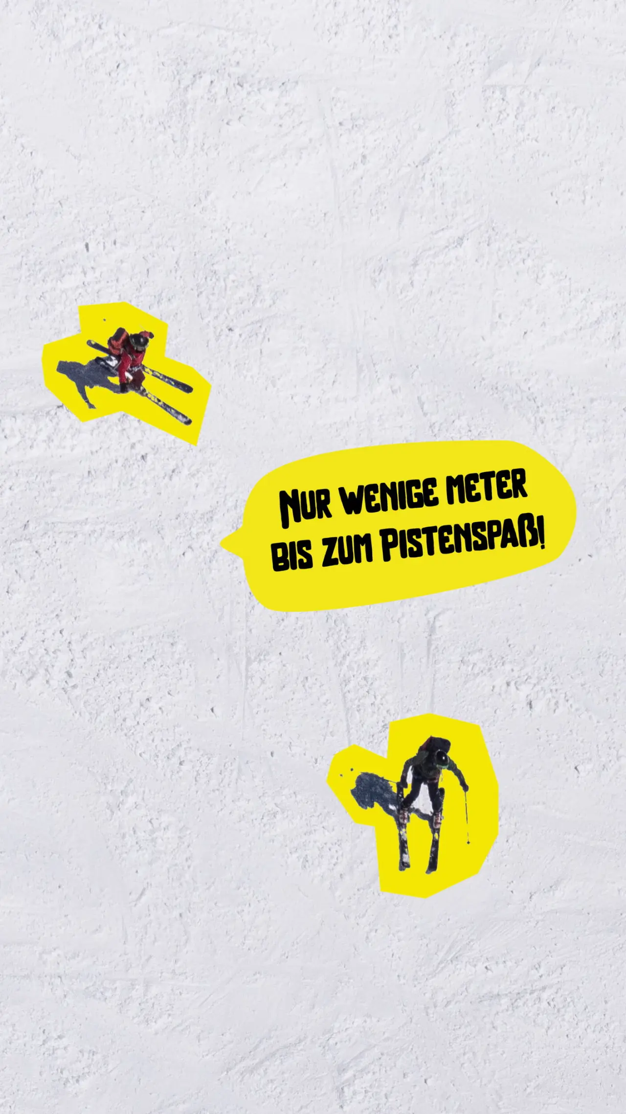 Grafik mit Skifahrern und Text 'Nur wenige Meter bis zum Pistenspaß!' für Hotel BergBuddies.