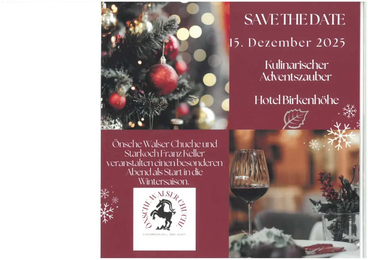 Weihnachtlicher Event-Flyer f
den Kulinarischen Adventszauber im Hotel Birkenh
mit Tannenbaum und Weinglas.