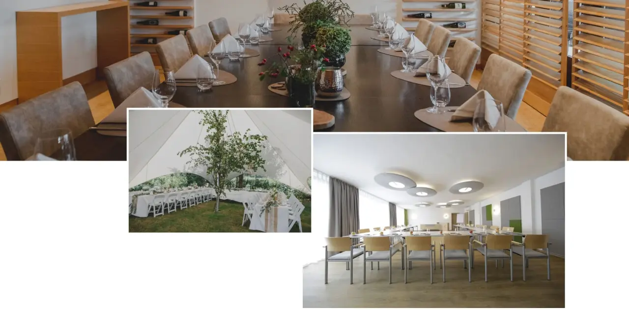 Impressionen vom Kunzmann's Hotel | Spa: Restaurant, Eventzelt im Garten und moderner Tagungsraum.