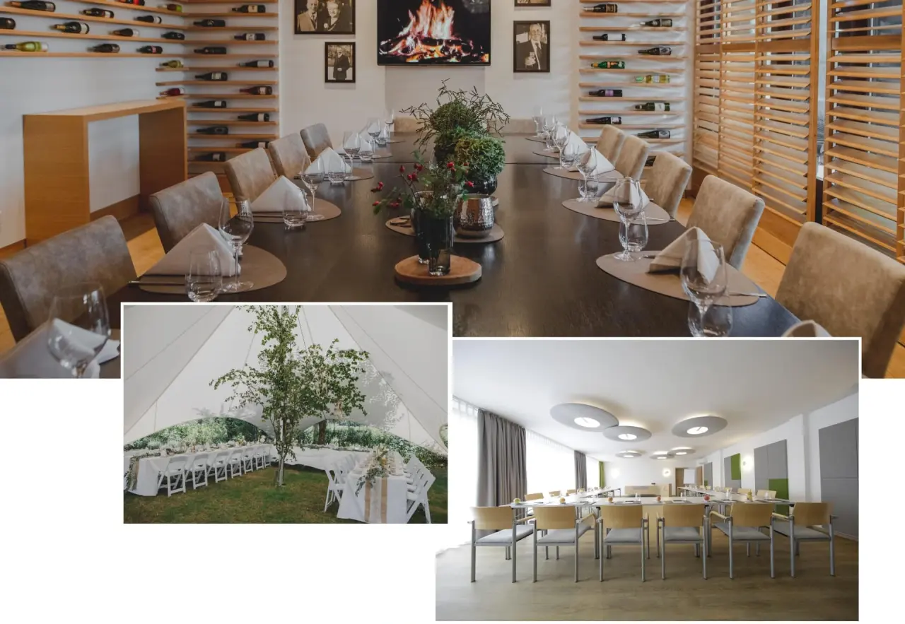 Restaurant mit Weinauslage, festlich gedecktes Eventzelt im Garten und moderner Tagungsraum im Kunzmann's Hotel | Spa.