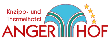 Logo des ANGERHOF Kneipp- und Thermalhotels mit Schriftzug, stilisiertem Wassersymbol und vier Sternen.
