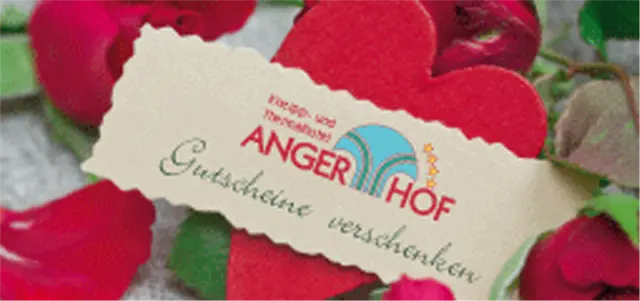 Gutschein des ANGERHOF Kur- und Sporthotels mit roten Herzen und Rosen zum Verschenken.