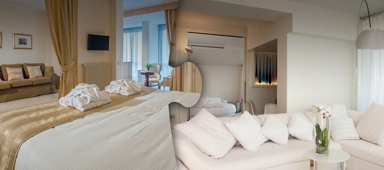 Abano Ritz Spa & Wellfeeling Resort in Abano Terme – Collage verschiedener Hotelzimmer | Wellnesshotel Venetien