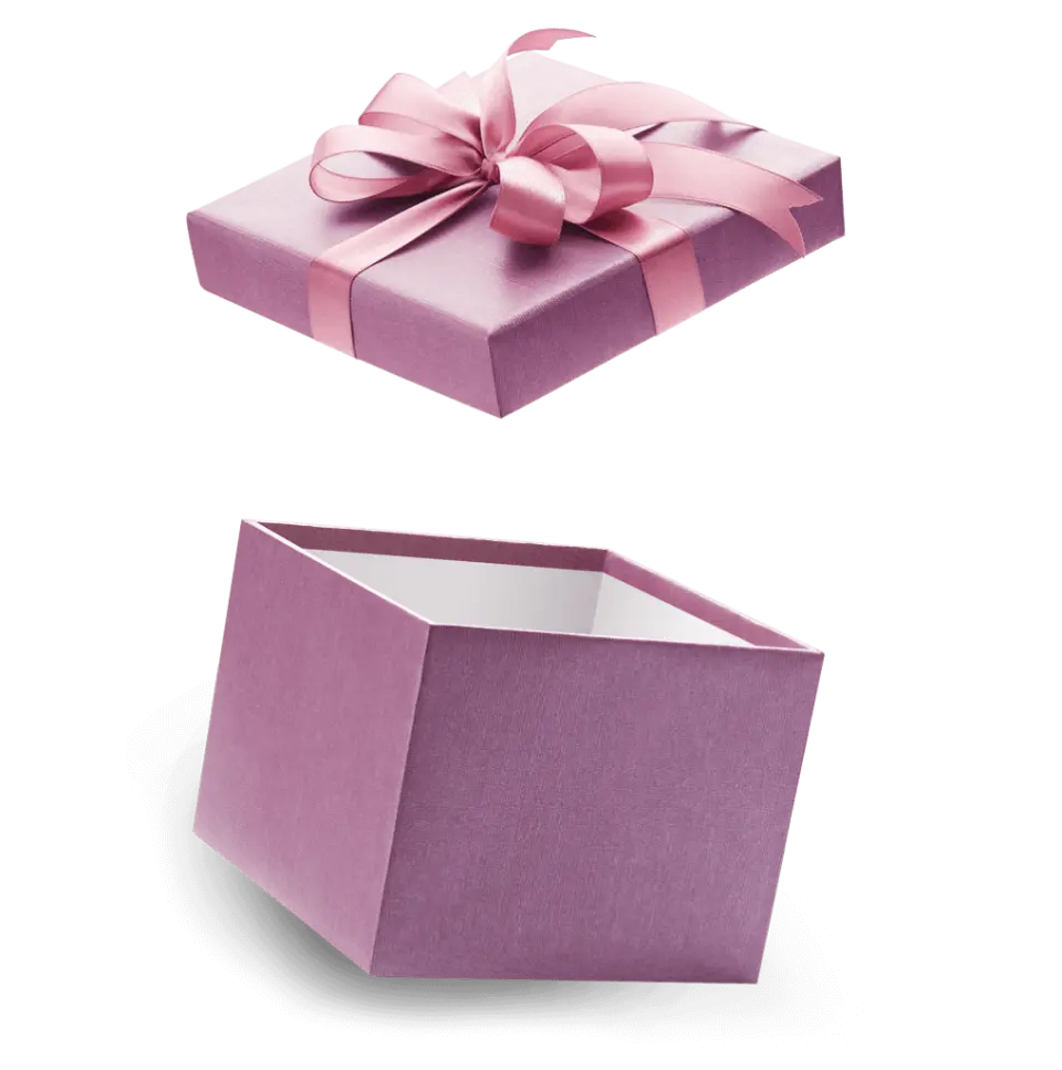 Lila Geschenkbox mit rosa Schleife, ideal für Gutscheine oder Präsente im Hotel Laschenskyhof.