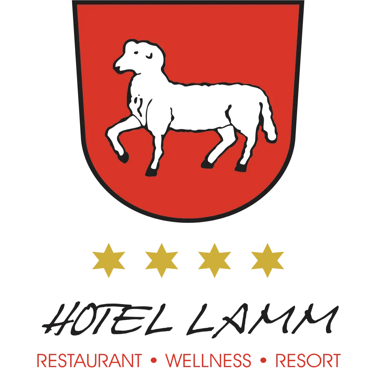 Logo des Hotel Lamm mit Wappen eines Lammes und 4 Sternen. Schriftzug 'Restaurant Wellness Resort'.