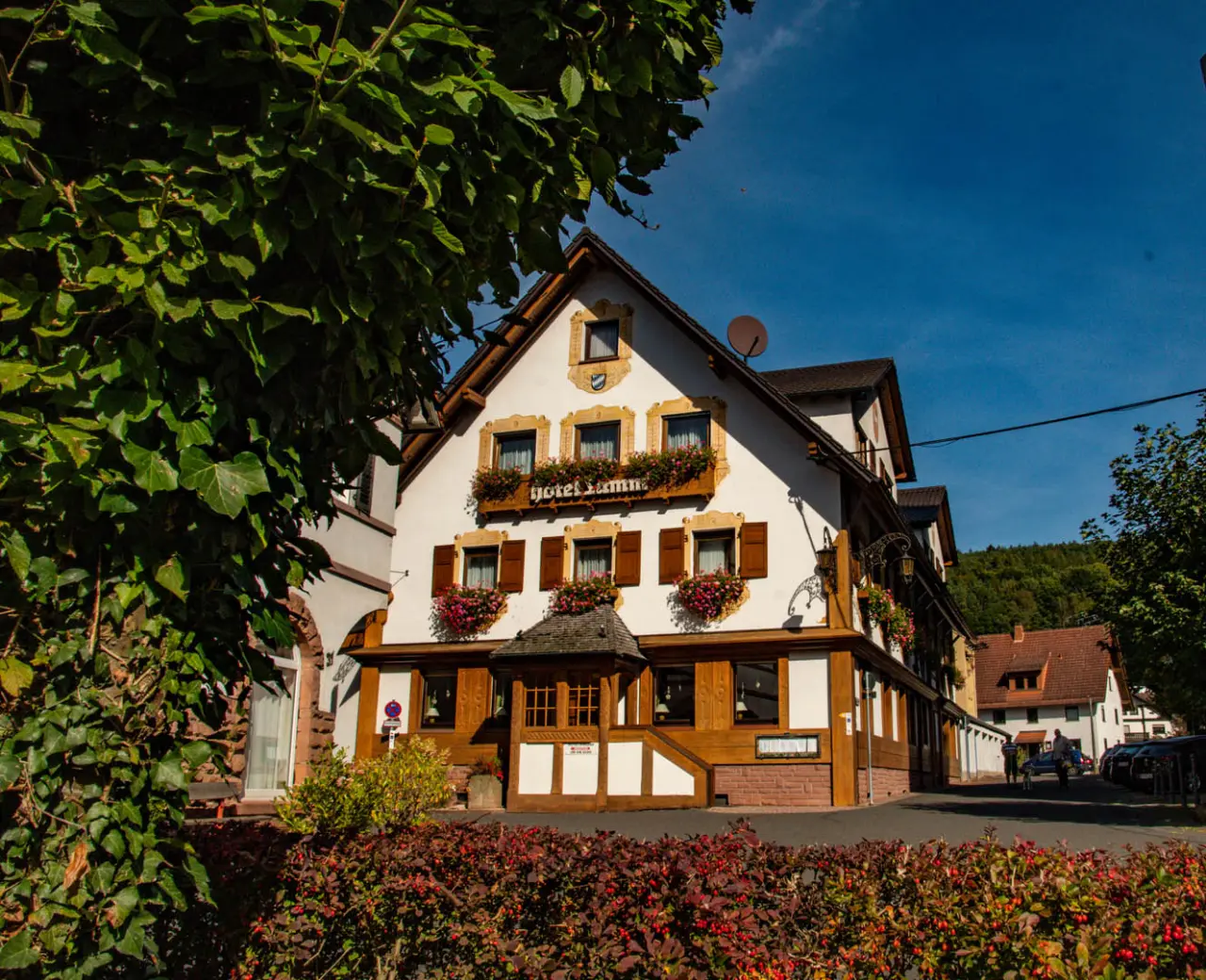 Traditionelles Hotel Lamm mit Fachwerkfassade, Blumenkästen und grüner Bepflanzung unter blauem Himmel.