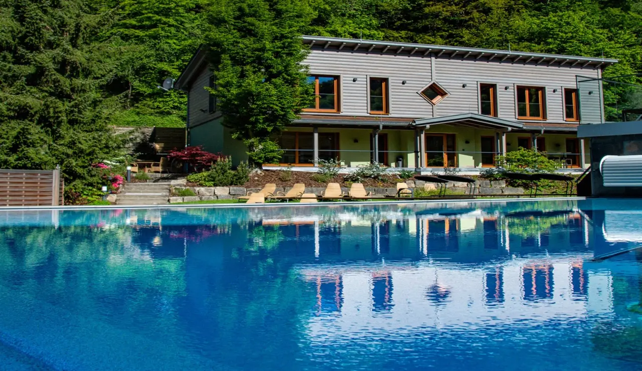 Grosser Aussenpool des Hotel Lamm, umgeben von grüner Natur. Einladende Liegen am Beckenrand für pure Entspannung.
