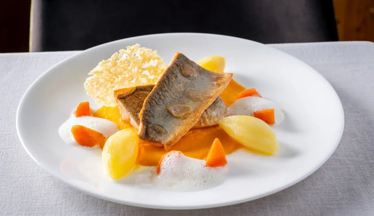 Gebratenes Fischfilet mit Kartoffeln, Karotten und Schaum auf einem weißen Teller im Restaurant des Hotel Lamm.