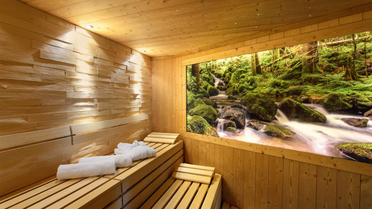 Moderne Holzsauna mit Natur-Wandbild und entspannender Atmosphäre im Spa-Bereich des Hotel Grüner Wald.