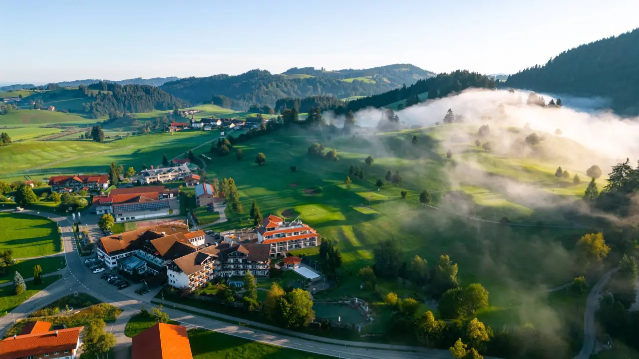 Luftaufnahme des Hotel Dein Engel mit Golfplatz und grüner Hügellandschaft im morgendlichen Nebel.