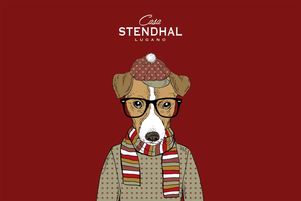 Illustration eines Hundes mit Brille, Mütze und Schal und dem Logo 'Casa STENDHAL LUGANO'.