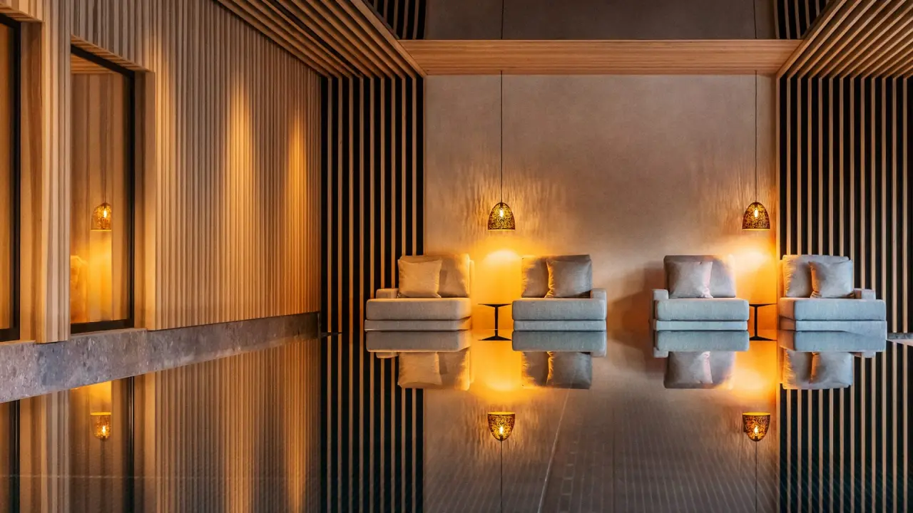 Luxuriöser Ruhebereich mit bequemen Liegen und warmem Licht im Spa des Alpenstern Panoramahotel.