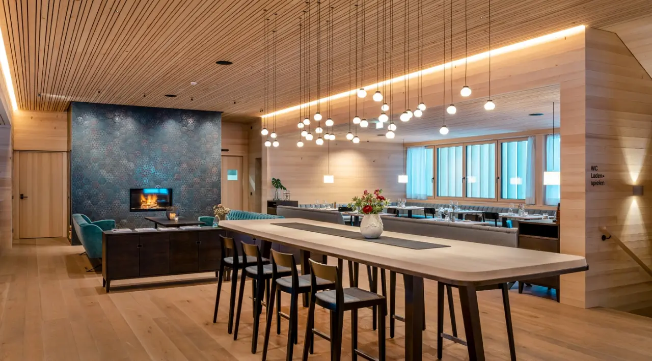 Modernes Restaurant und Lounge-Bereich mit Holzelementen, Kamin und stilvoller Beleuchtung in der Fuchsegg Eco Lodge.