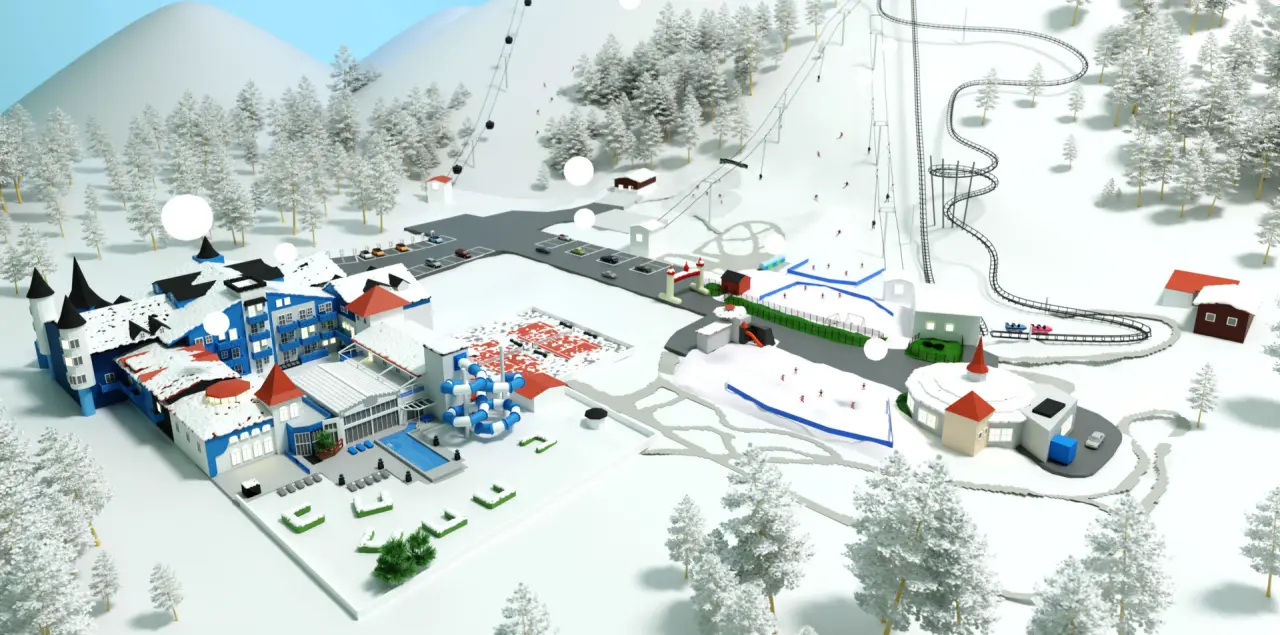 3D-Modell des Schlosshotel Lacknerhof****S mit Hotelgebäude, Pool, Skipisten und Freizeitpark in verschneiter Berglandschaft.