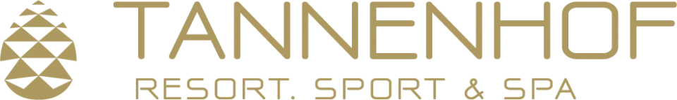 Logo des Tannenhof Resort Sport & SPA mit stilisierter Tannenzapfen-Grafik und goldener Schrift auf schwarzem Hintergrund.