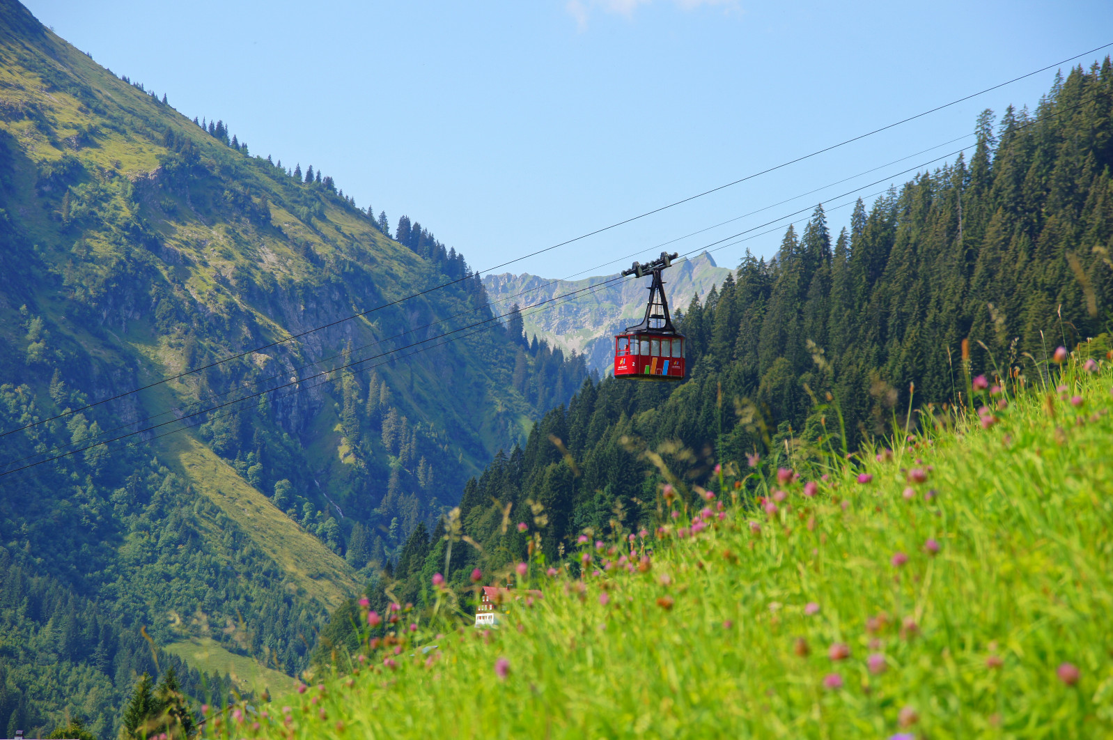 Hotel Alpenstüble in Mittelberg – Rote Gondelbahn vor grüner Berglandschaft | Wellnesshotel Allgäu
