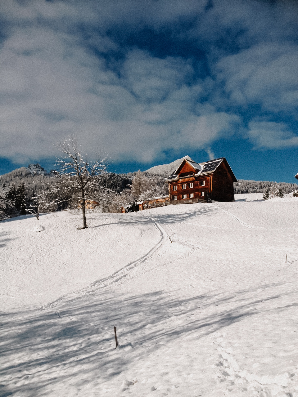 Alpinresort Schillerkopf in Bürserberg – Traditionelles Holzhaus in verschneiter Winterlandschaft | Wellnesshotel Vorarlberg