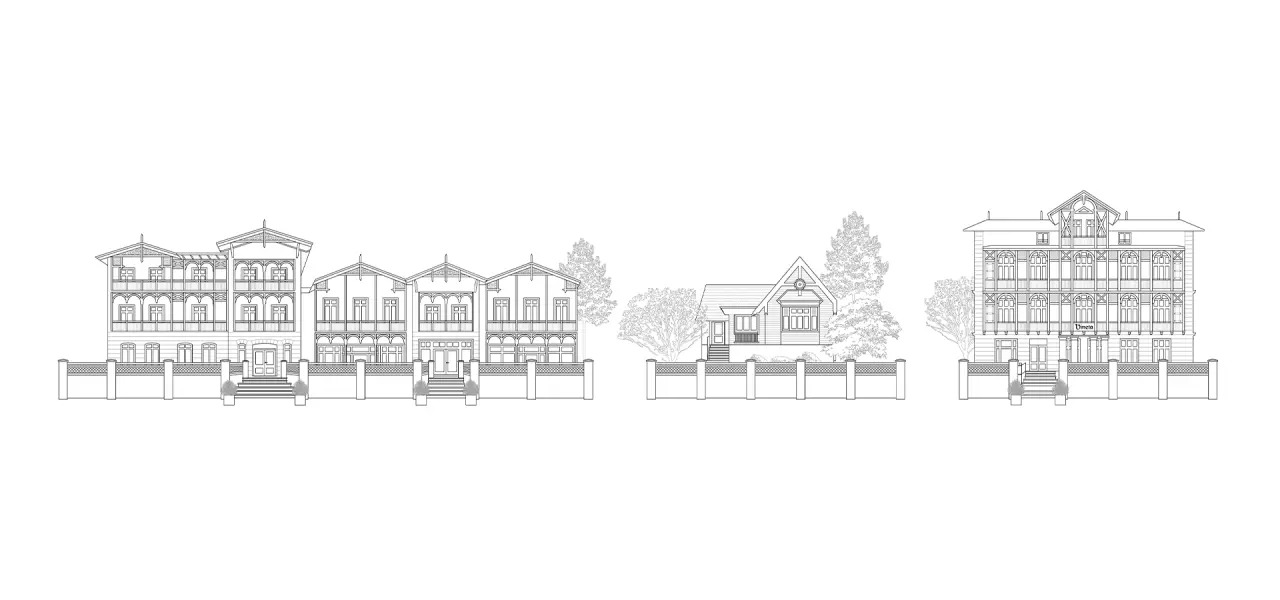 Architektonische Skizze der Fassaden des Romantik ROEWERS Privathotels.