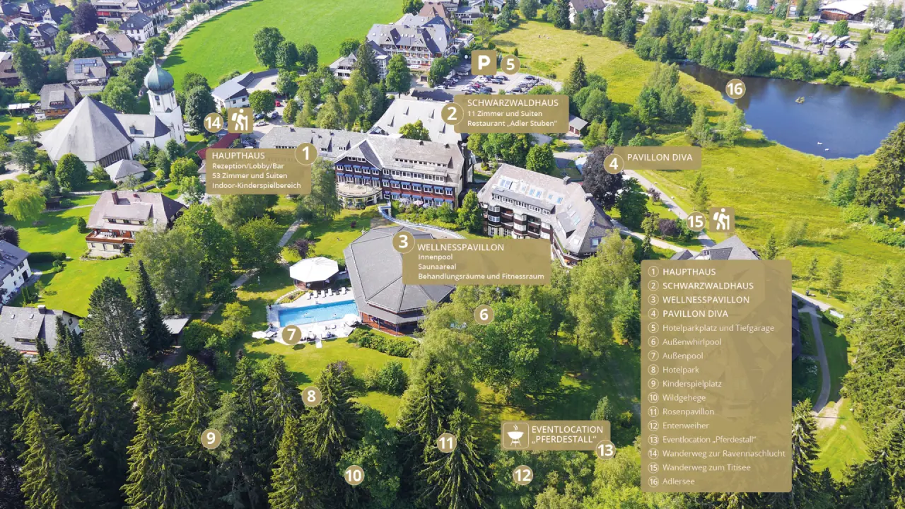 Luftaufnahme des Parkhotel Adler mit Wellnesspavillon, Außenpool, Hauptgebäude und umliegender Natur im Schwarzwald.