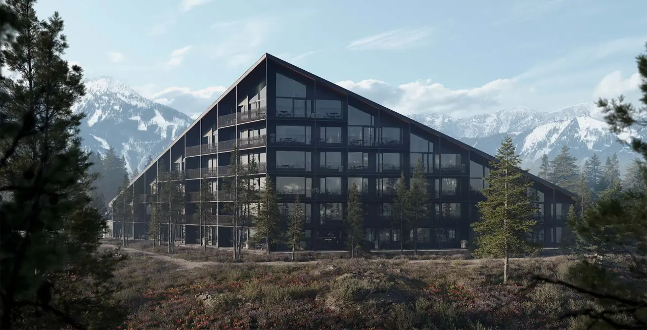 Exklusives TRIFORÊT alpin.resort mit markanter Architektur, großen Glasfronten und Balkonen inmitten alpiner Natur und Bergen.