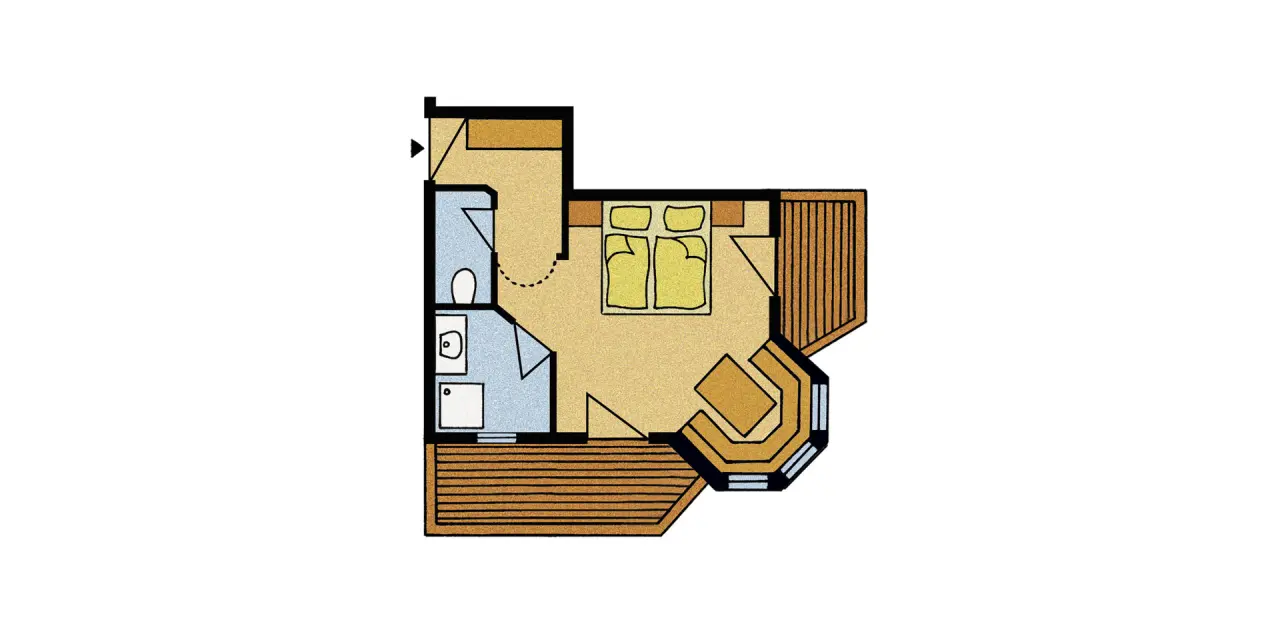 Grundriss einer Suite oder eines Doppelzimmers im Aktiv- & Vitalhotel Bergcristall mit Schlafbereich, Bad und Balkon.