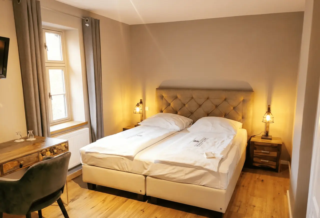 Gemütliches Doppelzimmer mit Holzboden und Schreibtisch im Hotel & Spa Wasserschloss Westerburg.