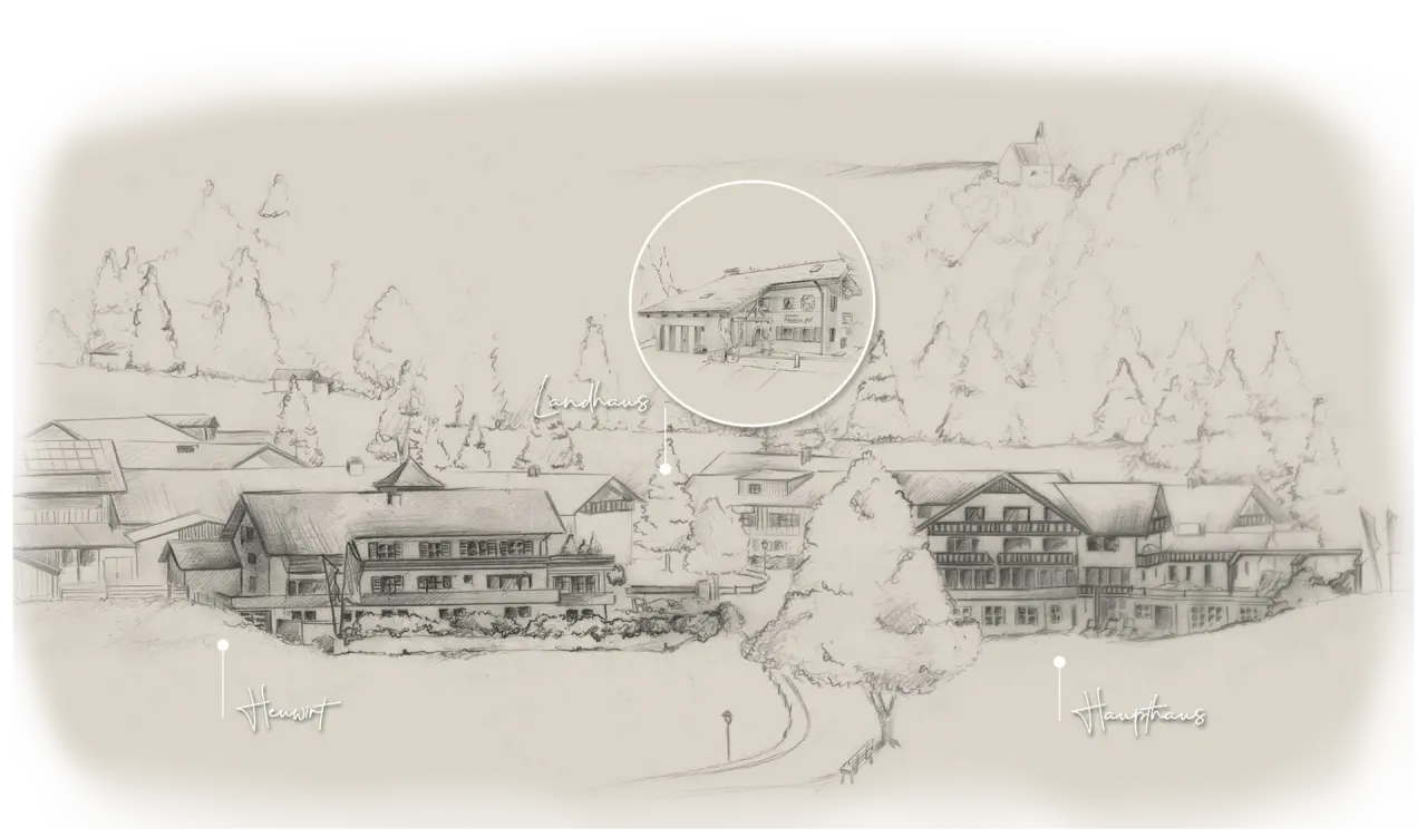 Übersichtskarte der Hotelgebäude des Hotel Berwanger Hof mit Haupthaus, Landhaus und Heuwirt in den Bergen.