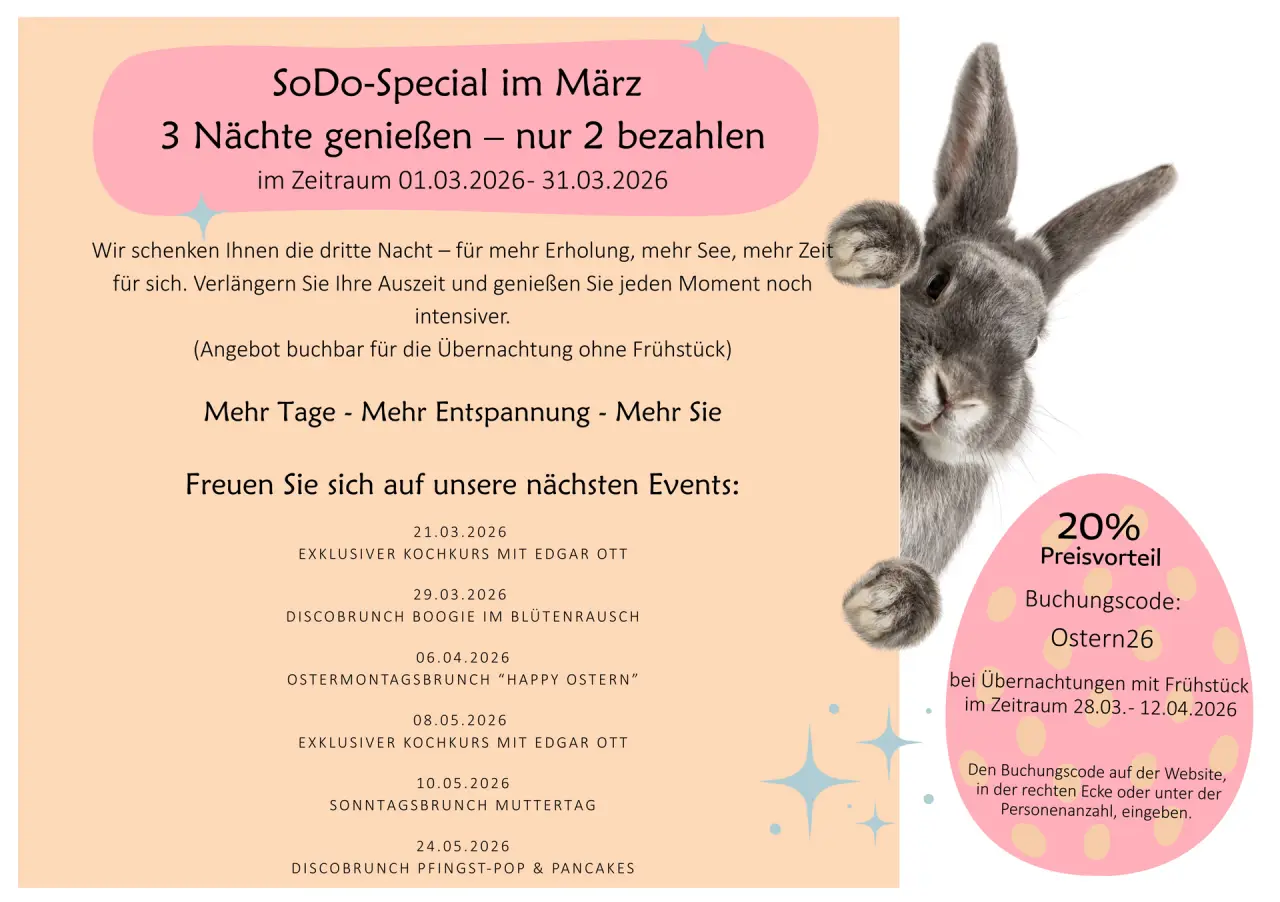 Werbegrafik Seehotel Niedernberg: März-Special (3 Nächte für 2) und Oster-Rabattcode mit Kaninchen. Aktuelle Events und Angebote.