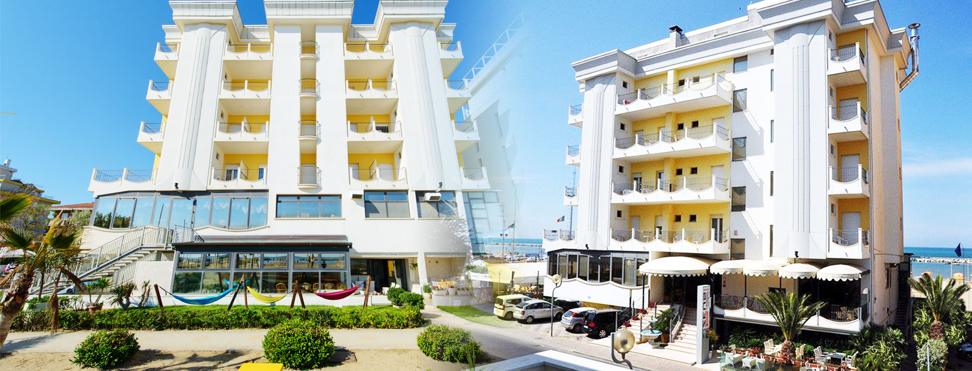 Hotel Zeus in Rimini – Moderne Hotelfassade mit Garten und Meerblick | Wellnesshotel Adria