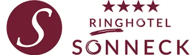 Logo des Ringhotel Sonneck mit 4 Sternen und stilisiertem 'S' in Burgunderrot.